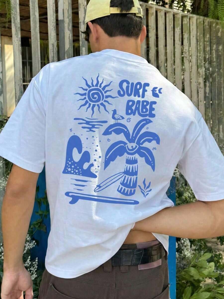 Coastal | New Men's Summer T-Shirt With Coconut Tree And Letter Print, Short Sleeve, Crew Neck, Casual Holiday Wear, 100% Cotton - 白色 3 - 查看 1