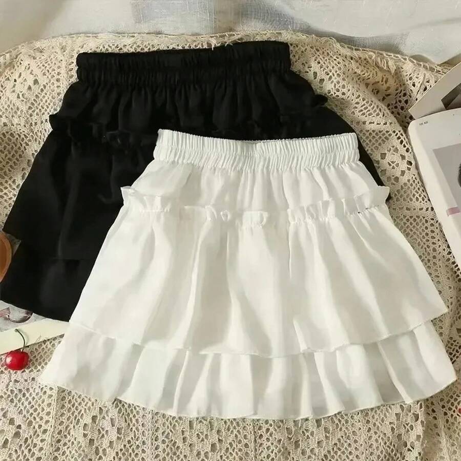 Falda Kawaii de verano con volantes blancos, Mini Faldas de gasa ajustadas a la moda para mujer, Faldas femeninas Y2k que combinan con todo, Faldas negras elásticas de cintura alta - Negro - Ver 1