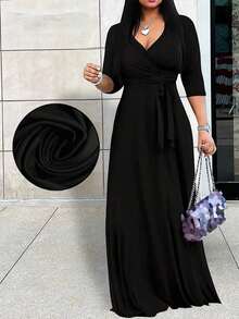 2026 Vestido azul ligero de mujer con cuello en V y cintura ceñida, elegante para primavera/verano - Negro - Ver 2