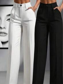 Conjunto minimalista de 2 piezas para mujer: Pantalones de cintura alta y pierna ancha, color azul marino clásico y café, con pliegues en la cintura, conjunto de pantalones de oficina y casuales de lujo moderno y discreto, elegante y con estilo profesional y urbano - Blanco y Negro - Ver 12