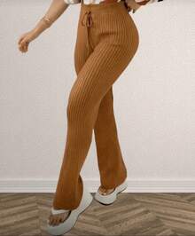 High-Waisted, Straight-Leg Knit Pants With Drawstring; Stylish, Versatile, Warm, And Casual. - Caramel - View 1