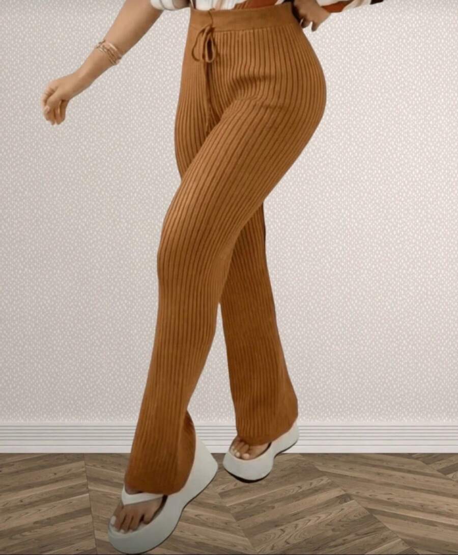 High-Waisted, Straight-Leg Knit Pants With Drawstring; Stylish, Versatile, Warm, And Casual. - Caramel - View 1