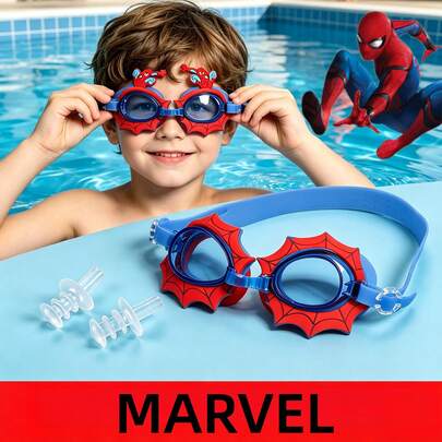  Bộ kính bơi kèm nút bịt tai chủ đề Người Nhện của MARVEL, sản phẩm mùa hè được ưa chuộng, kính bơi hoạt hình chống nước và chống sương mù, vật dụng cần thiết cho hồ bơi ngoài trời dành cho trẻ em.