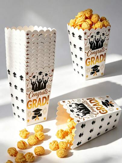 Black & Gold Congrats Grad Foldable Popcorn Boxes Graduation Party Favors