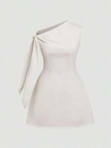 Vestido corto minimalista de mujer de unicolor elegante con hombros con lazo y sin mangas, de verano en colores claros - Gris Oscuro - Ver 10