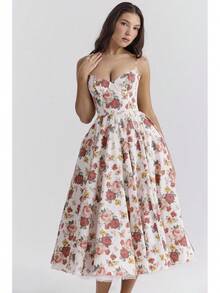 Sweetheart Neck Satin Midi Dress, Spaghetti Strap Flared Prom Dress With Pockets For Wedding & Formal Events - Red Flowers - View 1
