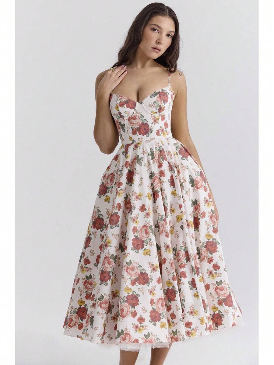 Sweetheart Neck Satin Midi Dress, Spaghetti Strap Flared Prom Dress With Pockets For Wedding & Formal Events - Red Flowers - View 1