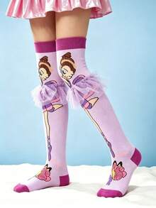 1 par de calcetines sobre la rodilla con diseño de niña bailarina, adecuados para uso diario, atuendos de vacaciones, atuendos de fiesta y regalos festivos - Multicolor - Ver 4