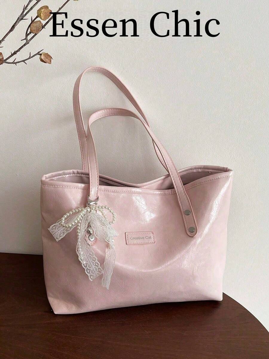 1pc Pink Pearl Decor Solid Color PU Tote Bag, Large Capacity Women Shoulder Bag, Spring New Arrival - Pink - View 1