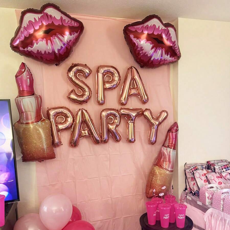 14件套SPA主题气球套装，包含16英寸玫瑰金“SPA PARTY”字母气球、口红和红唇造型气球，适用于SPA派对、单身派对、迎婴派对、睡衣派对、化妆主题派对、室内外拍照装饰。 - 彩色 - 查看 1