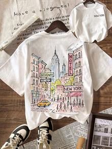 Camiseta con estampado de escenas callejeras de Nueva York, adecuada para el vestuario de verano de mujer, estilo casual de manga corta y cuello redondo - Camiseta unisex de algodón holgada de manga corta y cuello redondo estilo vintage urbano. - Blanco - Ver 1