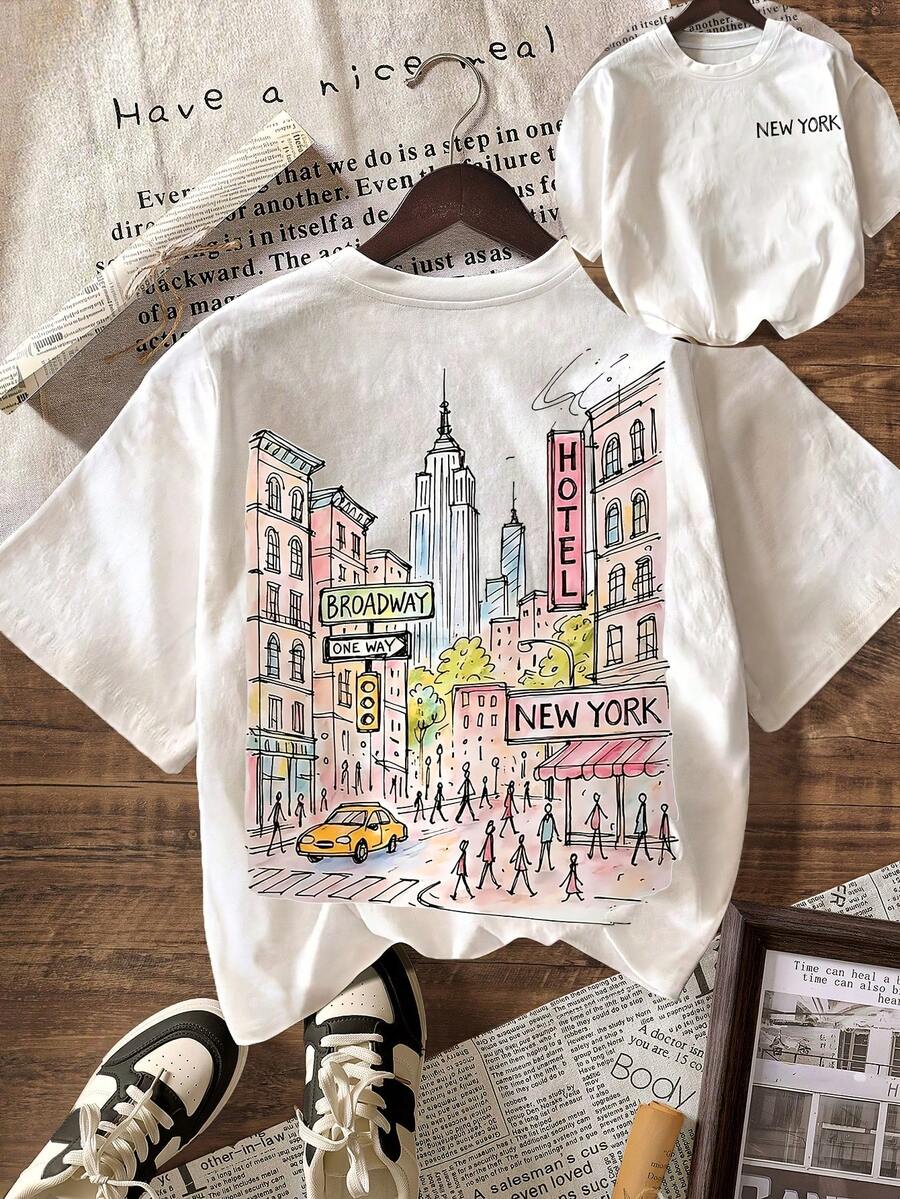 Camiseta con estampado de escenas callejeras de Nueva York, adecuada para el vestuario de verano de mujer, estilo casual de manga corta y cuello redondo - Camiseta unisex de algodón holgada de manga corta y cuello redondo estilo vintage urbano. - Blanco - Ver 1