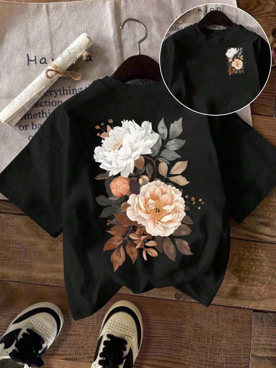 Mexican Basic Camiseta de mujer, camiseta de manga corta con gráfico de estilo casual de calle, top de verano lindo, tops de manga corta para mujer, camiseta oversize, camiseta con estampado de rosa 3D, camiseta vintage lavada, camiseta vintage lavada con estampado de rosa 3D, camiseta con flores, camiseta oversize de manga corta, tops de mujer, camiseta oversize de manga corta, camiseta con estampado de rosa New Launch - Negro - Ver 1
