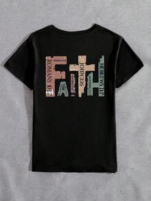 Camiseta de algodón 100% con cuello redondo, manga corta y estampado de perlas falsas, top casual de verano para mujer - Negro 2 - Ver 2