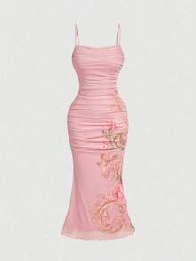 Vestido ajustado de malla con volantes y estampado floral para mujeres, vestidos elegantes para mujeres, ropa de mujer, vintage, ropa hippie, vestido para baile de máscaras - Rosa - Ver 2