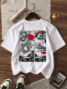 Camiseta de mujer con estampado de dragón japonés y ondas, de hombros caídos y corte holgado, estilo casual urbano Y2K, estética gráfica, transpirable y cómoda para uso diario, salidas a la ciudad, escapadas de vacaciones, reuniones de fin de semana, estilo retro Harajuku Ukiyo-e, camiseta cómoda para looks de moda virales. - Blanco - Ver 6