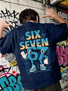 Esta Camiseta Casual de Gola Redonda Azul-Marinho é Especialmente Projetada para Crianças Mais Velhas, com uma Estampa Criativa de 67 Letras, Muito Adequada para Meninos e Crianças Ligeiramente Mais Velhas Usarem. - Azul Marinho - Visão 1