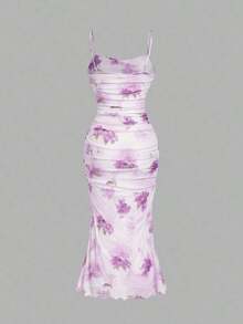 Vestido ajustado de malla con volantes y estampado floral para mujeres, vestidos elegantes para mujeres, ropa de mujer, vintage, ropa hippie, vestido para baile de máscaras - Púrpura malva - Ver 6