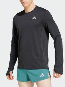 Adidas Adizero 速乾款丨拇指洞設計透氣速乾男子戶外慢跑訓練圓領長袖上衣 - 黑色 - 查看 1
