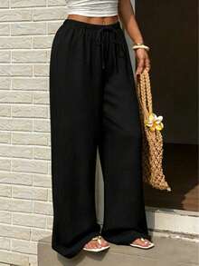 Plus Size Women Summer Casual Loose Solid Color Wide Leg Pants Black - Black - View 1