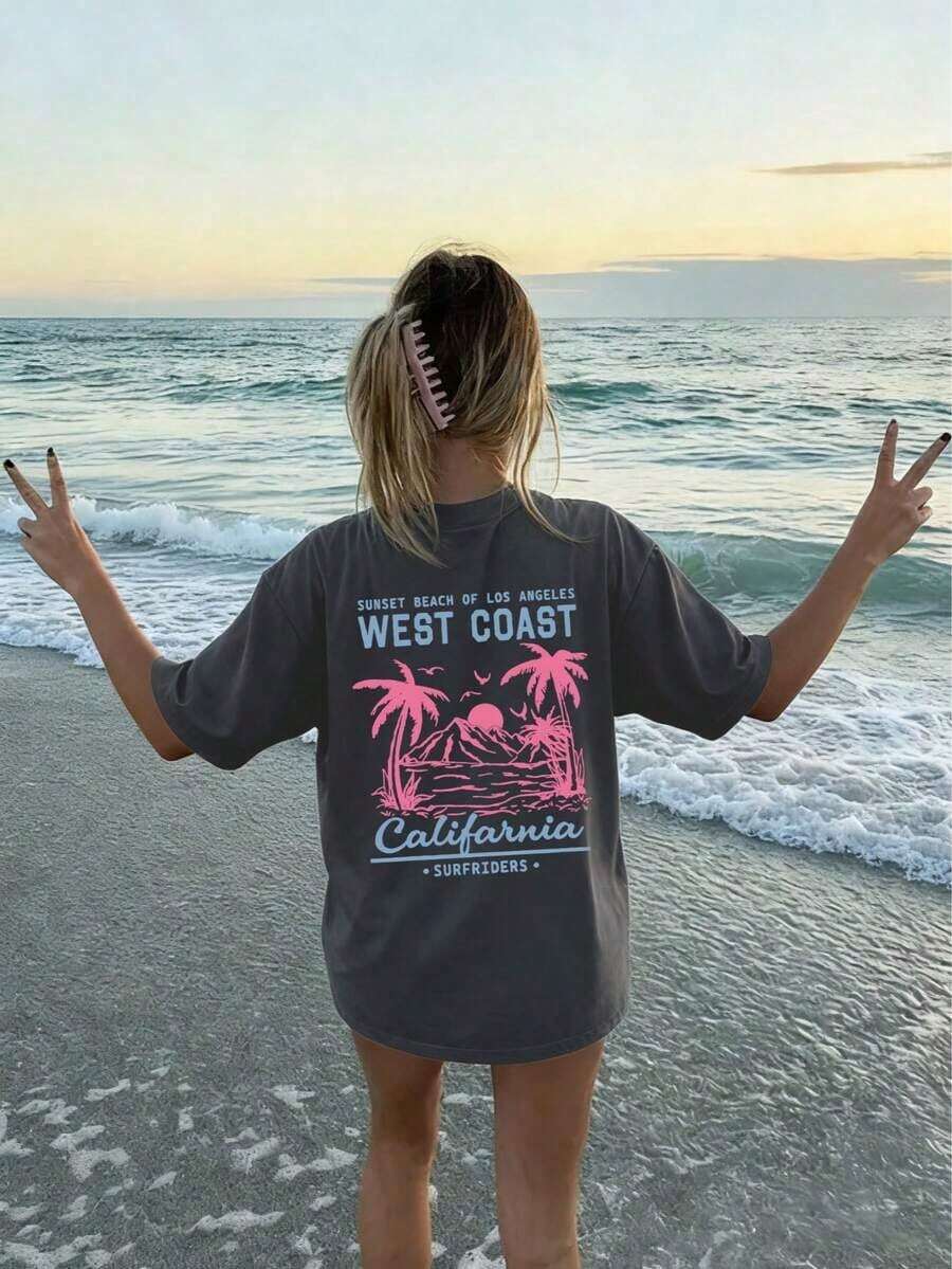 Camiseta de manga corta con cuello redondo para mujer, estilo casual de verano, estampado minimalista y versátil con diseño de palmera, adecuada para uso diario.Camiseta con estampado, Top blanco de mujer, Top negro, Top rosa, Conjunto de vacaciones. - Rojo - Ver 1