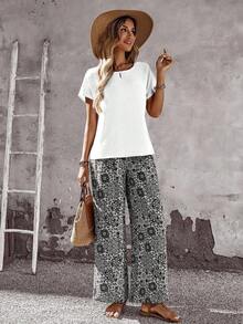 Set de 2 piezas con top de manga corta y pantalón de pierna ancha con estampado geométrico para mujer - Negro - Ver 4
