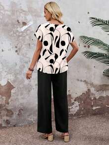 Set de 2 piezas con top de manga corta y pantalón de pierna ancha con estampado geométrico para mujer - Multicolor 10 - Ver 2