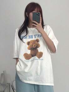 Camiseta de verano para mujer, holgada, con estampado de oso de dibujos animados, cuello redondo y hombros caídos, DON'T BE SHY PLEASE MAKE ME FEEL LONE, camisetas lindas, camiseta oversize, ropa para maestras, estilo vintage urbano, unisex, holgada, de algodón, manga corta, cuello redondo, ropa deportiva estilo Y2K, cuello redondo, 100% algodón, tejido suave, manga corta. 1 camiseta - Blanco - Ver 6