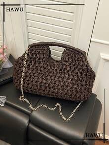 Starfish & Seashell Straw Clutch With Chain Strap | Summer Beach Vacation Essentials - Coffee - View 9