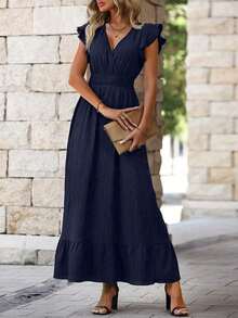 Solid Ruffle Hem Dress Burgundy Maxi Vacation Beach Outfits Women - 藏蓝色 - 查看 6