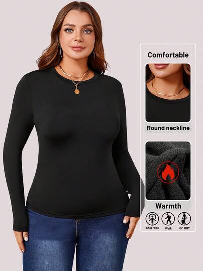 1pc Round Neck Plus Size Long Sleeve Casual Fitted Undershirt, Solid Color Versatile For Spring, Summer, Autumn, Winter