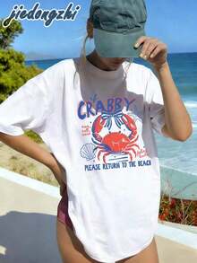 1 pieza: Camisetas con estampado de cangrejo "If Crabby Please Return To The Beach" para mujer, tops de verano, conjuntos de vacaciones para mujer, camisetas casuales de playa, camiseta divertida con estampado de cangrejo, conjuntos de verano para mujer, 180g 100% algodón. - Blanco - Ver 1