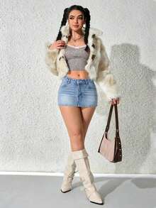 Falda vaquera mini casual, sexy y ceñida de moda para el verano para mujeres - Azul lavado medio 2 - Ver 7
