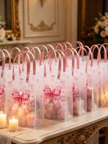 6 piezas Bolsas de regalo con lazo rosa, bolsas de fiesta transparentes con asas, decoraciones de fiesta de cumpleaños con lazo rosa, bolsas de embalaje de regalo para fiestas de boda y cumpleaños, decoraciones para fiesta de 1er cumpleaños, decoraciones para baby shower de niña, decoraciones para fiesta de revelación de género, decoraciones para despedida de soltera, suministros para fiesta de niña bebé - lazo rosa - Ver 3