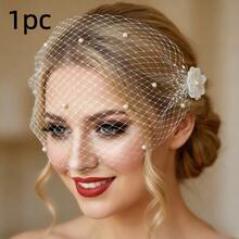 1 pieza Elegante velo de novia con decoración de perlas y flores | Velo de pajarera corto adecuado para fotografía de boda y despedida de soltera | Velo de pajarera blanco vintage con decoración de perlas y flores | Tocado de novia adecuado para boda, baile de graduación y ocasiones especiales - Blanco - Ver 6