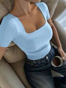 Blusa de manga corta y cuello redondo casual y elegante, adecuada para uso diario, ir al trabajo y salir, color rosa para primavera/verano - Azul - Ver 5
