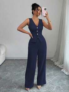 Conjunto de camiseta sin mangas y pantalones elegante para mujer, estilo de oficina y transporte, atuendo de otoño para maestros - Azul marino - Ver 5
