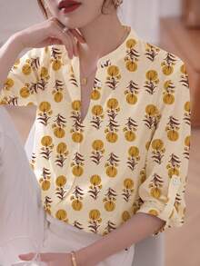YUXIN Áo kiểu nữ màu xanh nhạt họa tiết hoa màu nước, cổ đứng, tay lỡ 3/4 | Chất liệu thoáng khí, tay áo bo chun, dáng ôm, thích hợp mặc công sở/nghỉ mát, mùa xuân/hè. - Lá cam - Xem 3