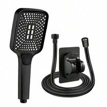 3pcs Black Square Button Shower Head Set, High Pressure 3-Function Handheld Shower With 59 Inch Stainless Steel Hose & Adhesive Bracket, No-Drill Installation, Black Handheld Shower Sprayer Kit - Black - View 9