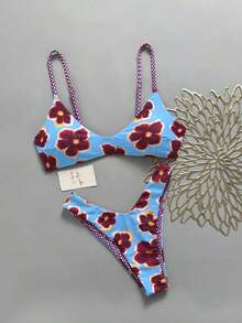 Conjunto de Bikini de Dos Piezas Reversible con Estampado Floral y a Cuadros para Mujer Lucky Girl, Vacaciones en la Playa, Verano - Azul - Ver 5