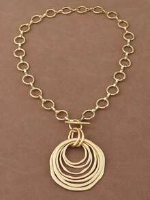 1 Piece Silver/Matte Gold Color Large Open Hollow Multi-Layer Asymmetrical Round Circle Pendant Chunky Chain Statement Necklace Suitable For Women's Daily Wear 18"+2" Extend Chain - Silver - View 3