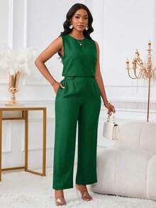 de 2 piezas de top sin mangas y pantalones largos casuales y elegantes con bolsillo diagonal y detalles de botones para mujer, para verano - Verde Oscuro - Ver 8