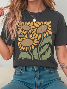 Camiseta casual de manga corta con cuello redondo y estampado de girasoles para vacaciones de verano100% Cotton - Negro - Ver 3