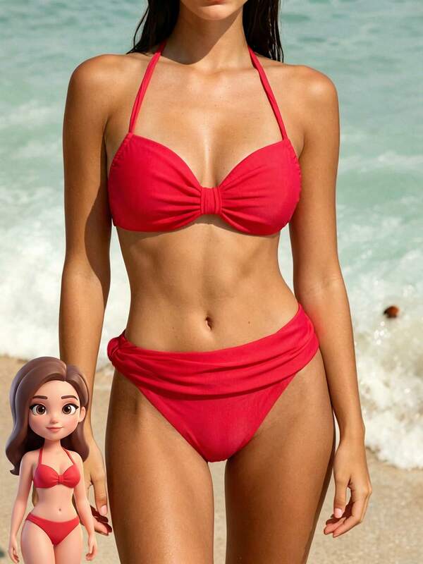 2026 Summer New Red Bandeau Halter Bikini Set, Vintage Hong Kong Style Two Pieces Swimsuit With Front Ruched Waist, Suitable For Hot Spring Resort, Beach Leisure Vacation