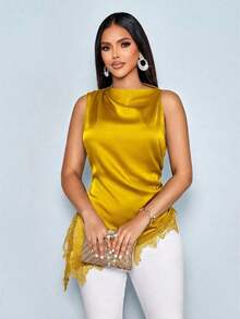 Blusa de satén elegante y minimalista para mujer con cuello alto simulado, recortes de encaje negro, parches y bajo asimétrico sin mangas - Amarillo - Ver 4