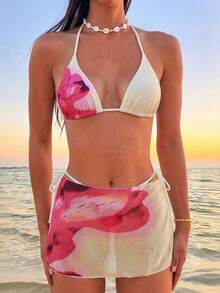 Bộ bikini 3 món dành cho nữ, họa tiết hoa nhiệt đới ombre, áo và quần bikini có dây đeo điều chỉnh được, buộc dây hai bên, kèm áo khoác ngoài đi biển, đồ bơi mùa hè cho kỳ nghỉ. - Màu be - Xem 2