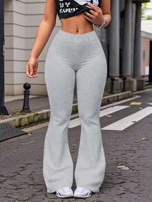 Leggings de yoga de cintura alta de unicolor con campana para mujer, pantalones de entrenamiento, running y fitness de primavera - Gris - Ver 4