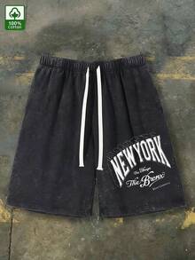 Men's Vintage Bronx New York Print Shorts - Loose Fit Washed Cotton Streetwear, Adjustable Elastic Waistband, Bronx Print Casual Sports Shorts, Machine Washable Urban Outfit - Vintage Street Style Unisex Loose Cotton Short Sleeve Crew Neck T-Shirt - 深 - 查看 8