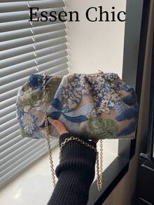 1pc Blue Sequin Decor Nylon Pleated Evening Bag, Women Shoulder Bag, Spring New Arrival - Blue - View 8