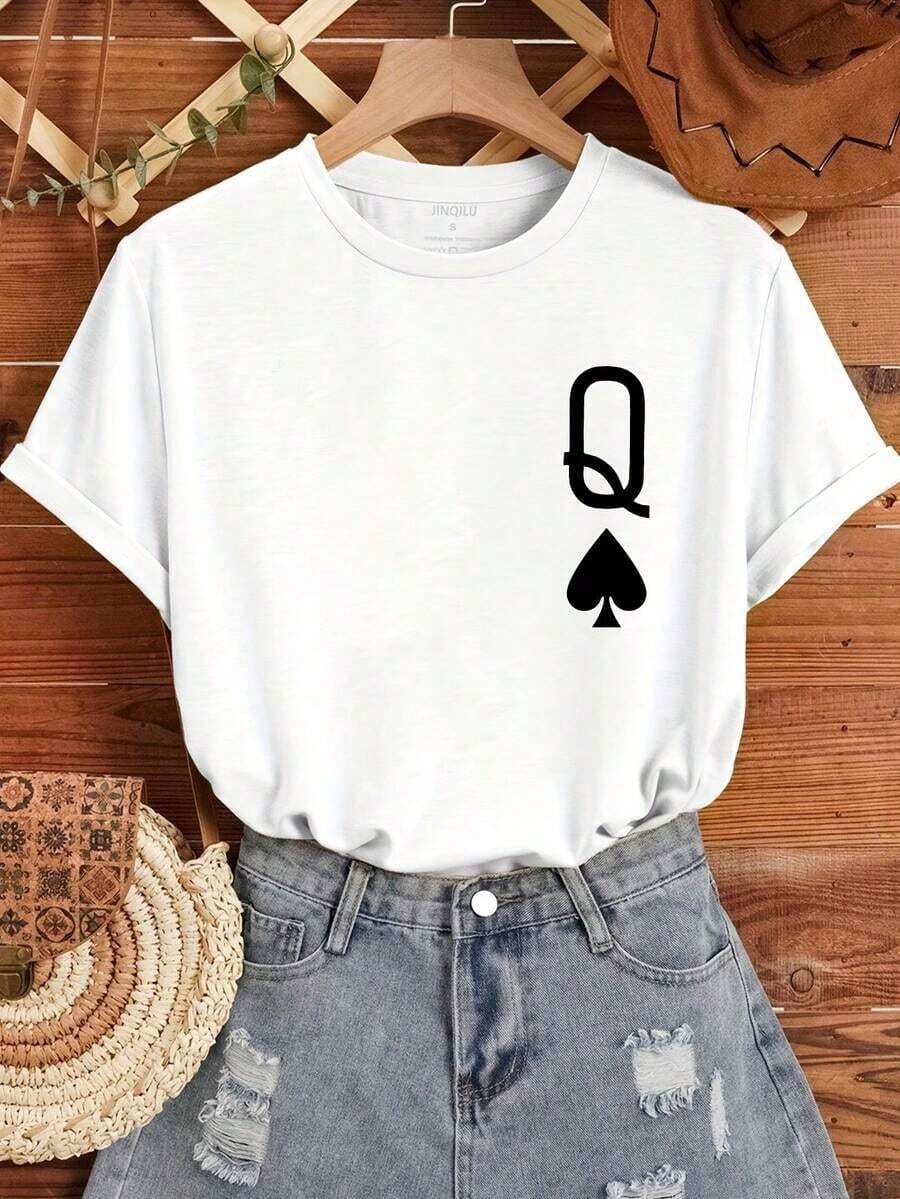 Round Neck T-Shirt With Poker Q Print, 100% Cotton, Casual Short Sleeve T-Shirt For Spring Summer, Women's Clothing - 白色 - 查看 1